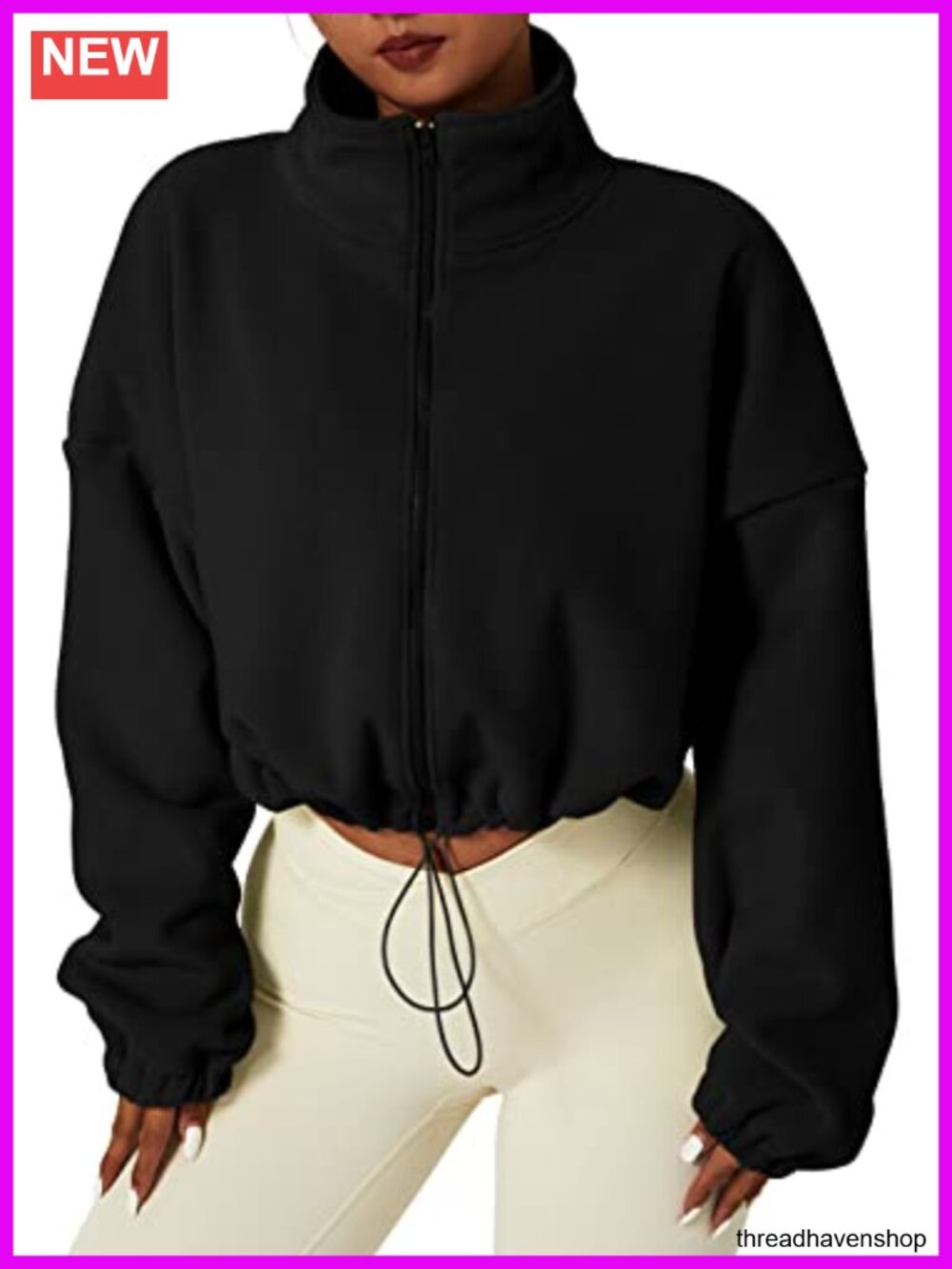 Women's Full Zip Fleece Short Jacket Warm Winter Long Sleeve Stand Collar